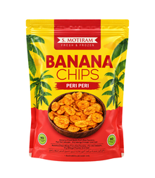 A bag of S. Motiram Banana Chips Peri Peri, featuring a bright yellow and red packaging design with illustrations of green banana leaves and a bowl of the chips on the front.