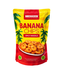 A stand-up pouch of S. Motiram Banana Chips Spicy Masala, featuring a bright yellow and red design with illustrations of palm trees and a photo of the fried banana chips on a white plate.