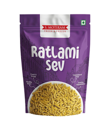 Purple package of S. Motiram Ratlami Sev with a bowl of yellow snack on a white background