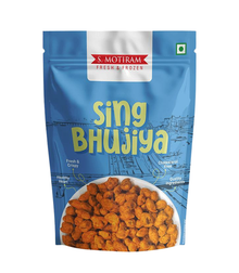 A stand-up pouch of S. Motiram Sing Bhuijaya snack, featuring a blue background with yellow text, a white brand label at the top, and a bowl of orange-brown fried snacks at the bottom.