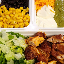 Load image into Gallery viewer, Chipotle chicken burrito bowl with corn, black beans, and shredded cheese from Tiffin Stash - Non-Veg Healthy Meals by India&#39;s Flavour, perfect for Tex-Mex lovers.
