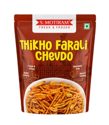 A stand-up pouch of S. Motiram Thikho Farali Chevdo (fresh and frozen crispy chivda) on a plain white background.