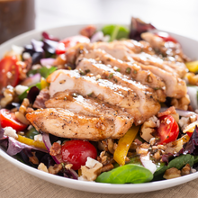 Load image into Gallery viewer, Grilled chicken salad with cherry tomatoes, walnuts, and greens from Tiffin Stash - Non-Veg Healthy Meals by India&#39;s Flavour, a fiber-rich lunch option.
