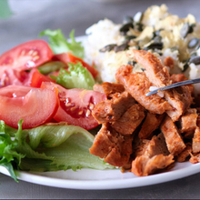 Load image into Gallery viewer, Grilled soya chaap garden salad with rice from Tiffin Stash - Veg Healthy Meals by India&#39;s Flavour featuring fresh tomatoes and greens.

