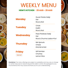 Load image into Gallery viewer, Weekly menu from Hemi&#39;s Kitchen with food images and text
