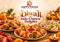 A festive Diwali promotional food spread from Happy Panda Indian Chinese Cuisine, featuring golden samosas, spring rolls, dumplings, and dipping sauces on a decorated table with lit candles and marigold flowers.