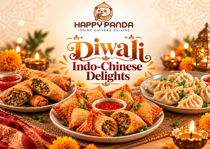 A festive Diwali promotional food spread from Happy Panda Indian Chinese Cuisine, featuring golden samosas, spring rolls, dumplings, and dipping sauces on a decorated table with lit candles and marigold flowers.