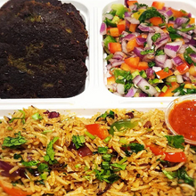 Load image into Gallery viewer, Hara bara kebab rice bowl from Tiffin Stash - Veg Healthy Meals by India&#39;s Flavour with spiced rice, fresh salad, and tangy sauce.
