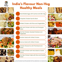 Load image into Gallery viewer, Tiffin Stash - Non-Veg Healthy Meals by India&#39;s Flavour menu showcasing grilled chicken, burrito bowls, and quinoa-based dishes for active lifestyles.
