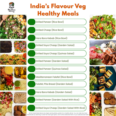 Tiffin Stash - Veg Healthy Meals by India's Flavour menu showcasing grilled paneer, soya chaap, quinoa salads, and falafel for nutritious dining.
