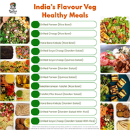 Tiffin Stash - Veg Healthy Meals by India's Flavour menu showcasing grilled paneer, soya chaap, quinoa salads, and falafel for nutritious dining.