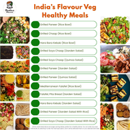 Tiffin Stash - Veg Healthy Meals by India's Flavour menu showcasing grilled paneer, soya chaap, quinoa salads, and falafel for nutritious dining.