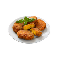 Fried food items on a white plate with basil leaves - Potato Cutlet