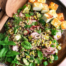 Load image into Gallery viewer, Grilled soya chaap quinoa salad from Tiffin Stash - Veg Healthy Meals by India&#39;s Flavour with herbs, corn, and fresh greens.
