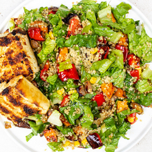 Load image into Gallery viewer, Grilled paneer quinoa salad from Tiffin Stash - Veg Healthy Meals by India&#39;s Flavour with roasted veggies and fresh lettuce.

