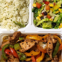Load image into Gallery viewer, Tex-Mex chicken fajita with rice and garden salad from Tiffin Stash - Non-Veg Healthy Meals by India&#39;s Flavour, perfect for balanced, flavorful nutrition.
