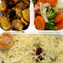 Load image into Gallery viewer, Grilled soya chaap rice bowl from Tiffin Stash - Veg Healthy Meals by India&#39;s Flavour served with steamed vegetables and herbed rice.
