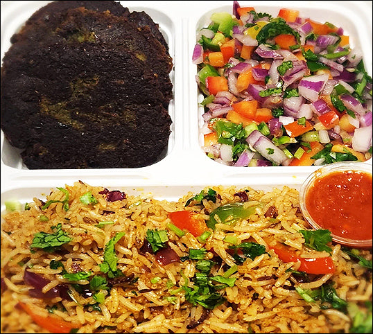 Hara Bara Kebab with Red Chutney, Basmati Rice and Kachumber Salad