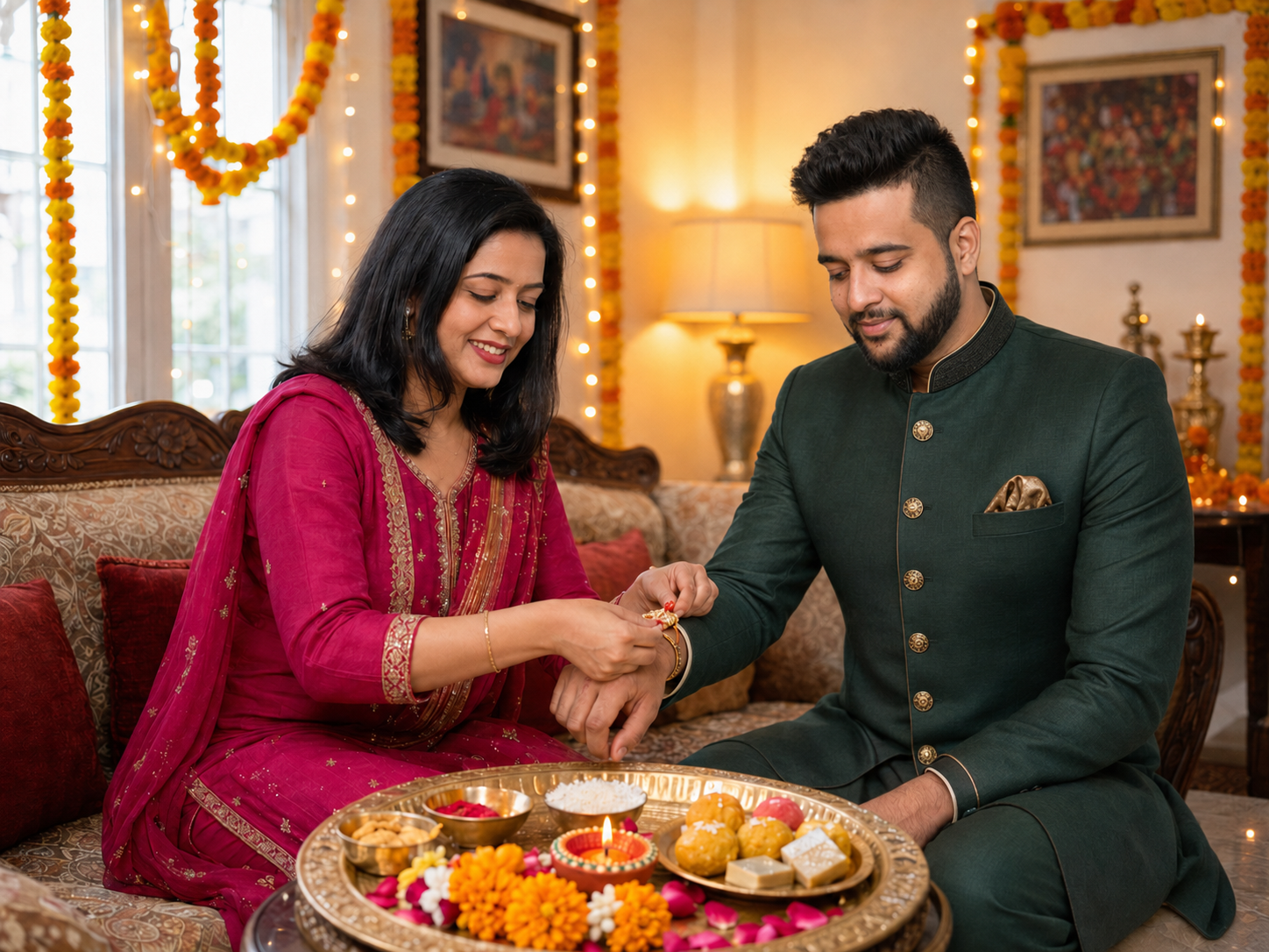 Brother and sister celebrating Raksha Bandhan with traditional Indian sweets